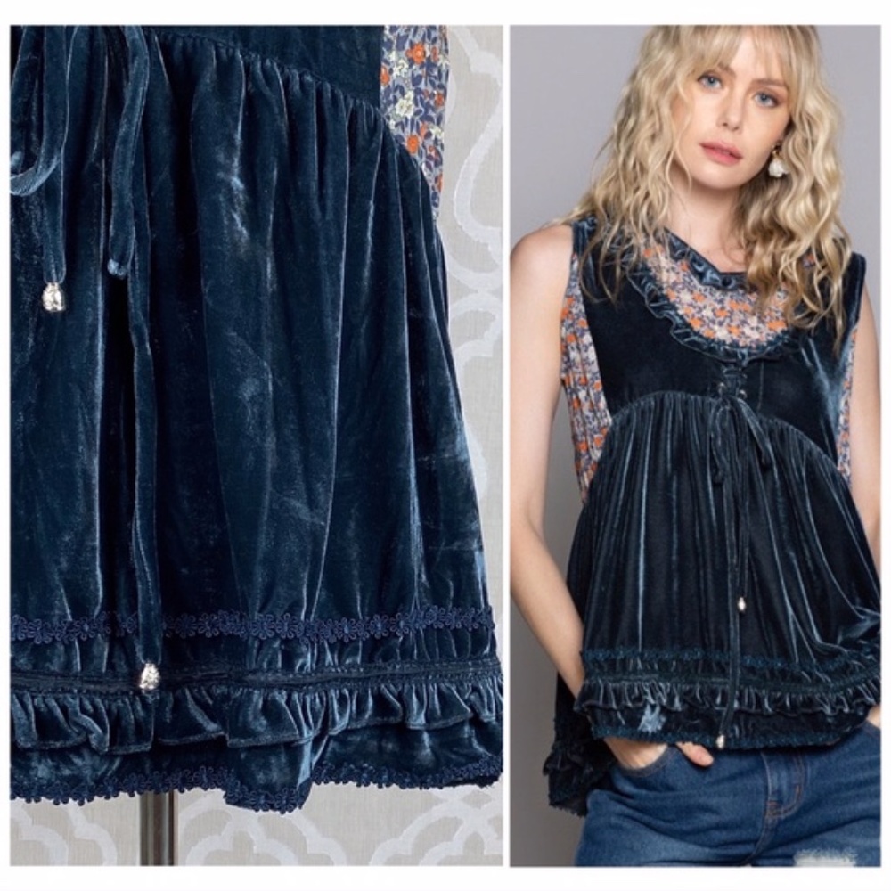 POL Midnight Blue Velvet Babydoll Top - Picture 6 of 8